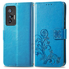 Leather Case Stands Flip Flowers Cover Holder for Vivo X70 5G Blue