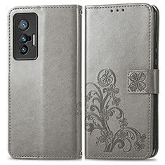 Leather Case Stands Flip Flowers Cover Holder for Vivo X70 5G Gray