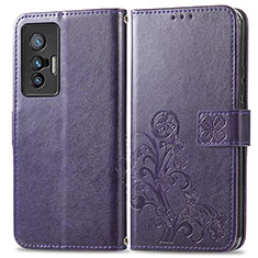 Leather Case Stands Flip Flowers Cover Holder for Vivo X70 5G Purple