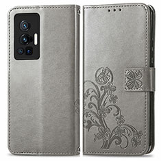 Leather Case Stands Flip Flowers Cover Holder for Vivo X70 Pro 5G Gray