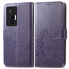 Leather Case Stands Flip Flowers Cover Holder for Vivo X70 Pro 5G Purple