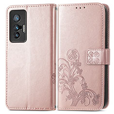 Leather Case Stands Flip Flowers Cover Holder for Vivo X70t Pink