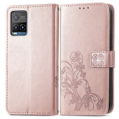Leather Case Stands Flip Flowers Cover Holder for Vivo Y21 Pink