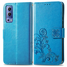 Leather Case Stands Flip Flowers Cover Holder for Vivo Y72 5G Blue