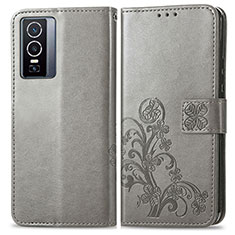 Leather Case Stands Flip Flowers Cover Holder for Vivo Y76 5G Gray
