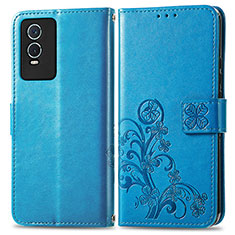 Leather Case Stands Flip Flowers Cover Holder for Vivo Y76s 5G Blue