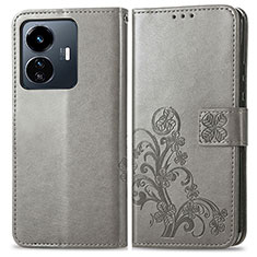 Leather Case Stands Flip Flowers Cover Holder for Vivo Y77 5G Gray