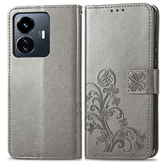 Leather Case Stands Flip Flowers Cover Holder for Vivo Y77e 5G Gray