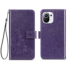 Leather Case Stands Flip Flowers Cover Holder for Xiaomi Mi 11 5G Purple