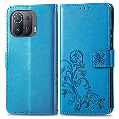 Leather Case Stands Flip Flowers Cover Holder for Xiaomi Mi 11 Pro 5G Blue
