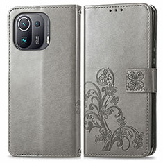 Leather Case Stands Flip Flowers Cover Holder for Xiaomi Mi 11 Pro 5G Gray