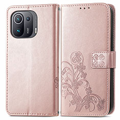 Leather Case Stands Flip Flowers Cover Holder for Xiaomi Mi 11 Pro 5G Pink