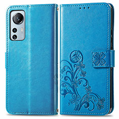 Leather Case Stands Flip Flowers Cover Holder for Xiaomi Mi 12 5G Blue