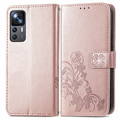 Leather Case Stands Flip Flowers Cover Holder for Xiaomi Mi 12T Pro 5G Pink