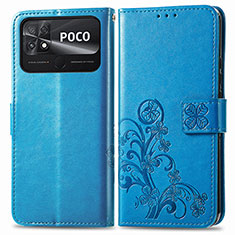 Leather Case Stands Flip Flowers Cover Holder for Xiaomi Poco C40 Blue