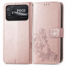 Leather Case Stands Flip Flowers Cover Holder for Xiaomi Poco C40 Pink