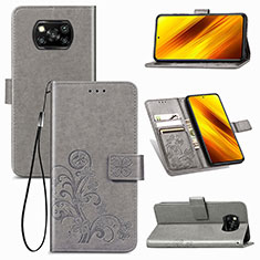 Leather Case Stands Flip Flowers Cover Holder for Xiaomi Poco X3 NFC Gray
