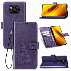 Leather Case Stands Flip Flowers Cover Holder for Xiaomi Poco X3 NFC Purple