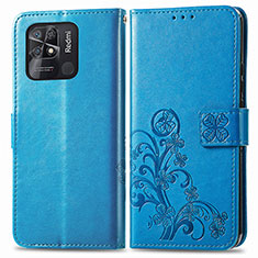 Leather Case Stands Flip Flowers Cover Holder for Xiaomi Redmi 10 Power Blue