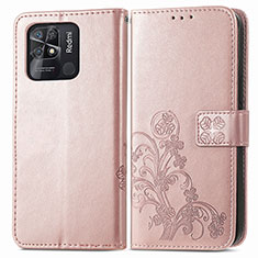 Leather Case Stands Flip Flowers Cover Holder for Xiaomi Redmi 10C 4G Pink