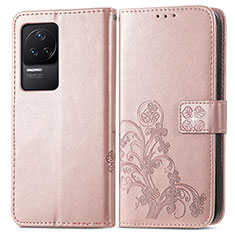 Leather Case Stands Flip Flowers Cover Holder for Xiaomi Redmi K50 5G Pink