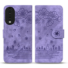 Leather Case Stands Flip Flowers Cover Holder HF1 for Huawei Honor 90 5G Purple