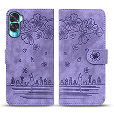 Leather Case Stands Flip Flowers Cover Holder HF2 for Huawei Honor 90 Lite 5G Purple