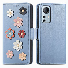 Leather Case Stands Flip Flowers Cover Holder L01 for Xiaomi Mi 12 5G Blue