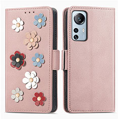 Leather Case Stands Flip Flowers Cover Holder L01 for Xiaomi Mi 12 Lite 5G Rose Gold