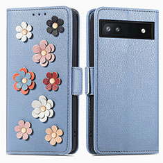 Leather Case Stands Flip Flowers Cover Holder S02D for Google Pixel 6a 5G Blue
