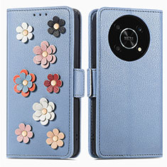 Leather Case Stands Flip Flowers Cover Holder S02D for Huawei Honor X9 5G Blue