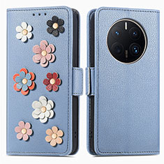Leather Case Stands Flip Flowers Cover Holder S02D for Huawei Mate 50 Pro Blue