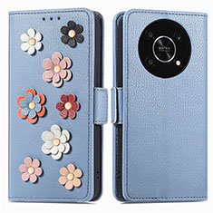 Leather Case Stands Flip Flowers Cover Holder S02D for Huawei Nova Y90 Blue