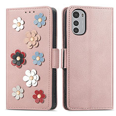Leather Case Stands Flip Flowers Cover Holder S02D for Motorola Moto E32 Rose Gold