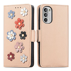 Leather Case Stands Flip Flowers Cover Holder S02D for Motorola Moto Edge (2022) 5G Khaki