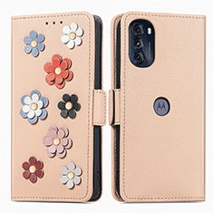 Leather Case Stands Flip Flowers Cover Holder S02D for Motorola Moto G 5G (2022) Khaki