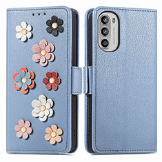 Leather Case Stands Flip Flowers Cover Holder S02D for Motorola Moto G52j 5G Blue