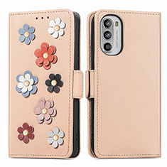 Leather Case Stands Flip Flowers Cover Holder S02D for Motorola Moto G52j 5G Khaki