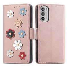 Leather Case Stands Flip Flowers Cover Holder S02D for Motorola Moto G52j 5G Rose Gold