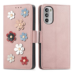 Leather Case Stands Flip Flowers Cover Holder S02D for Motorola Moto G71s 5G Rose Gold
