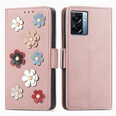 Leather Case Stands Flip Flowers Cover Holder S02D for OnePlus Nord N300 5G Rose Gold