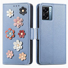 Leather Case Stands Flip Flowers Cover Holder S02D for Oppo A57 5G Blue