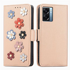 Leather Case Stands Flip Flowers Cover Holder S02D for Oppo A77 5G Khaki