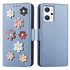 Leather Case Stands Flip Flowers Cover Holder S02D for Oppo Reno7 A Blue