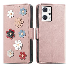 Leather Case Stands Flip Flowers Cover Holder S02D for Oppo Reno7 A Rose Gold