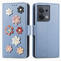 Leather Case Stands Flip Flowers Cover Holder S02D for Oppo Reno9 5G Blue