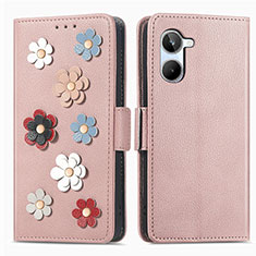 Leather Case Stands Flip Flowers Cover Holder S02D for Realme 10 4G Rose Gold