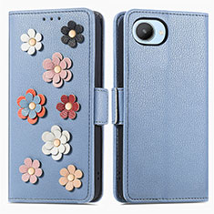 Leather Case Stands Flip Flowers Cover Holder S02D for Realme C30 Blue