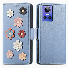 Leather Case Stands Flip Flowers Cover Holder S02D for Realme GT Neo3 5G Blue
