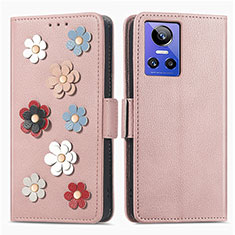 Leather Case Stands Flip Flowers Cover Holder S02D for Realme GT Neo3 5G Rose Gold